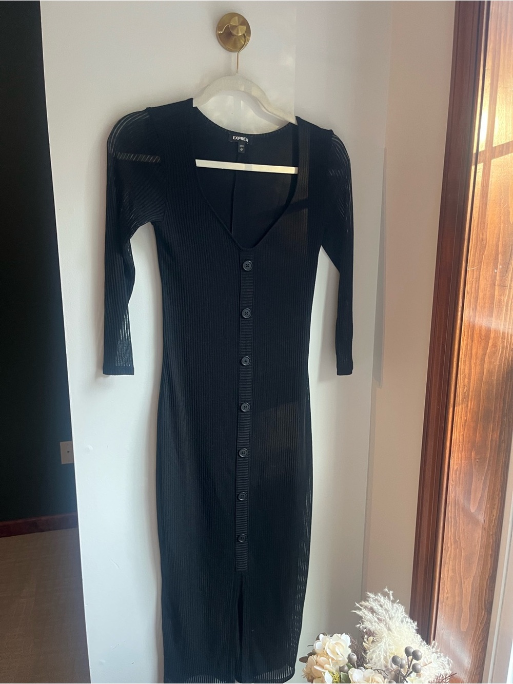 Express Black Ribbed Button-Down Midi Dress